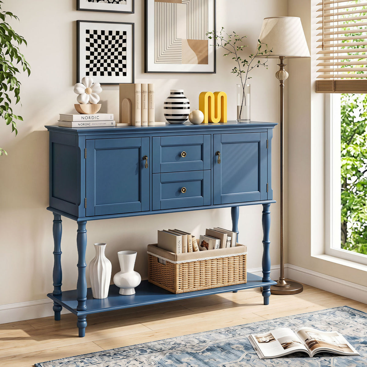 Console Table with 2 Drawers and Door Cabinets Bottom Storage Shelf