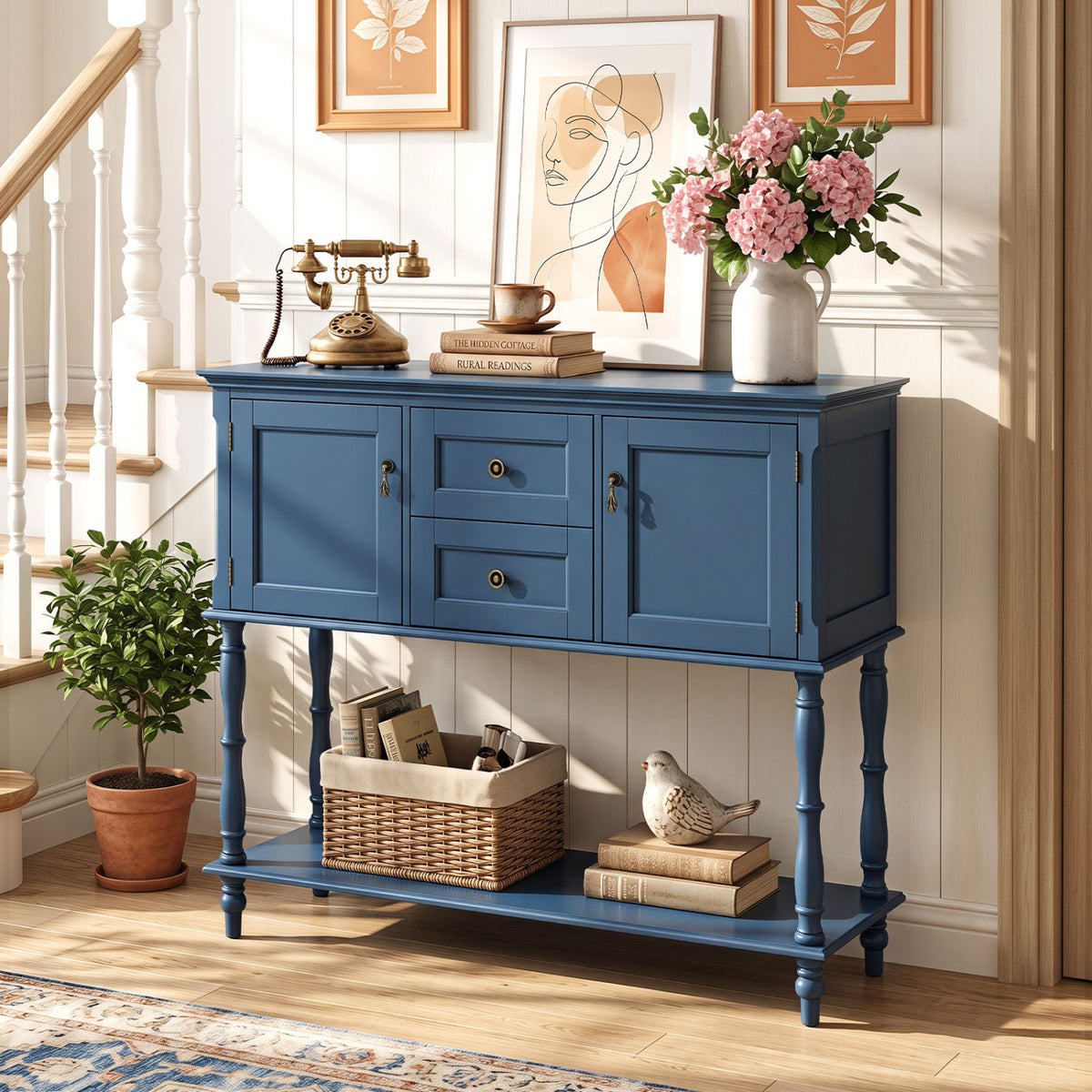 Console Table with 2 Drawers and Door Cabinets Bottom Storage Shelf