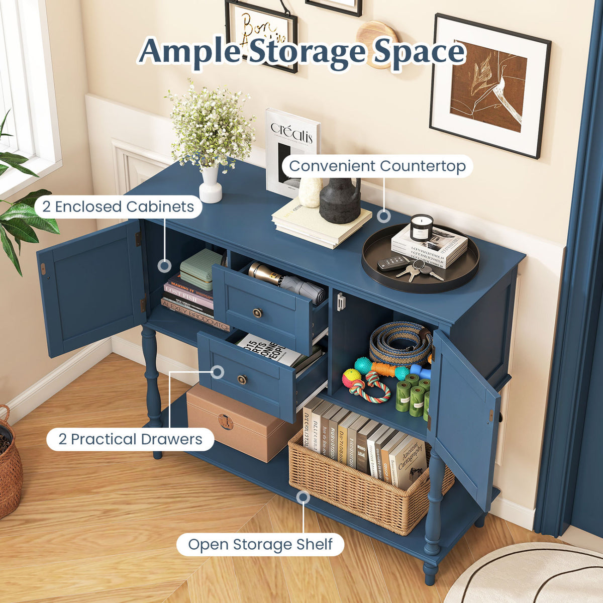 Console Table with 2 Drawers and Door Cabinets Bottom Storage Shelf