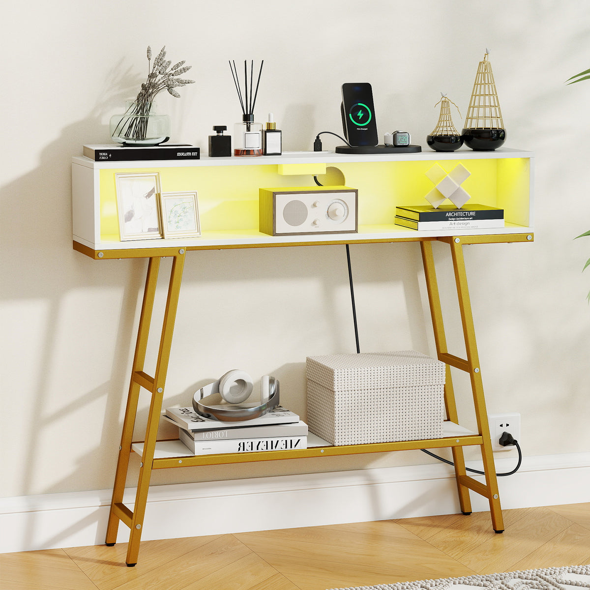 40" Console Table with Charging Station and LED Lights - White