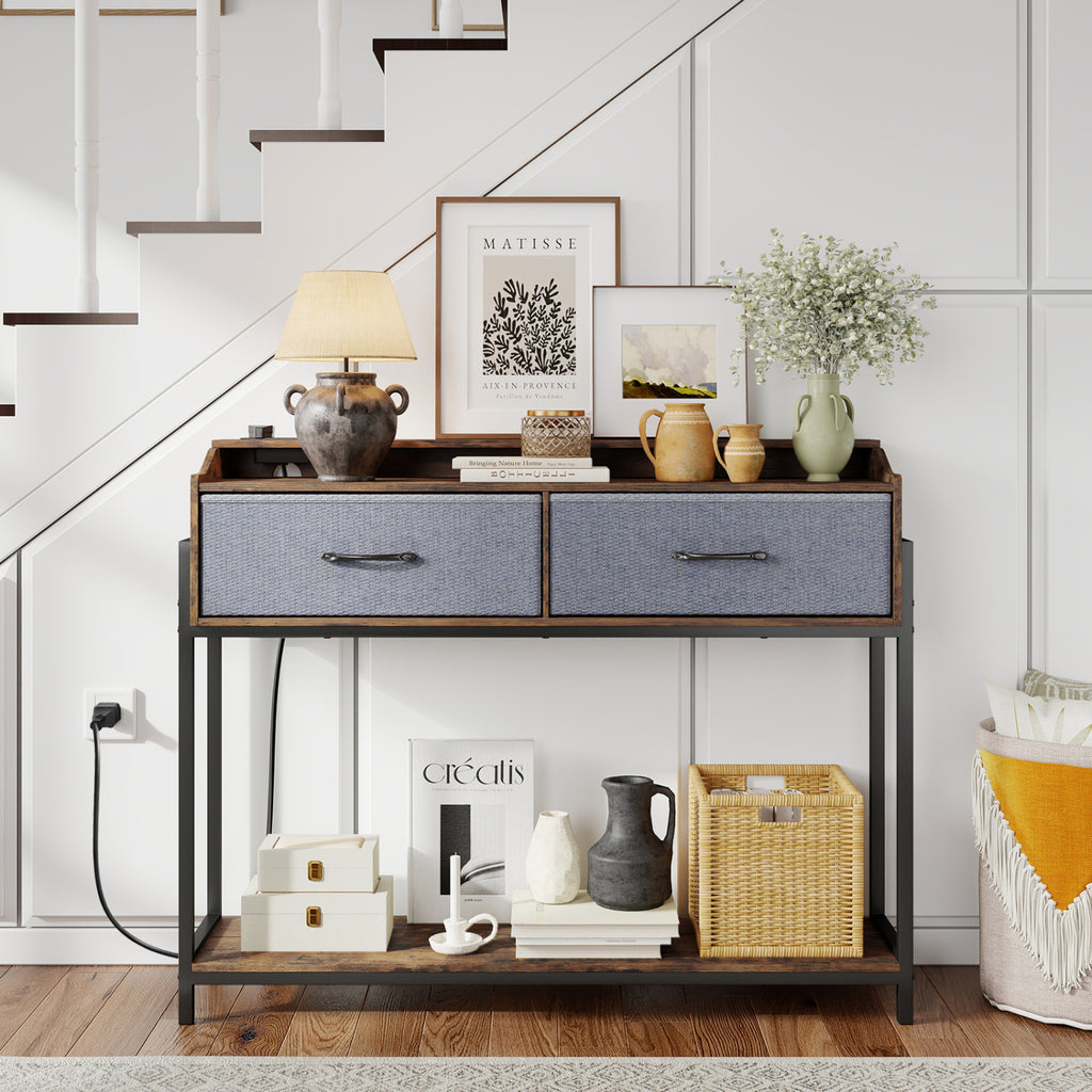 Console Table with Charging Station 110cm - Rustic Brown