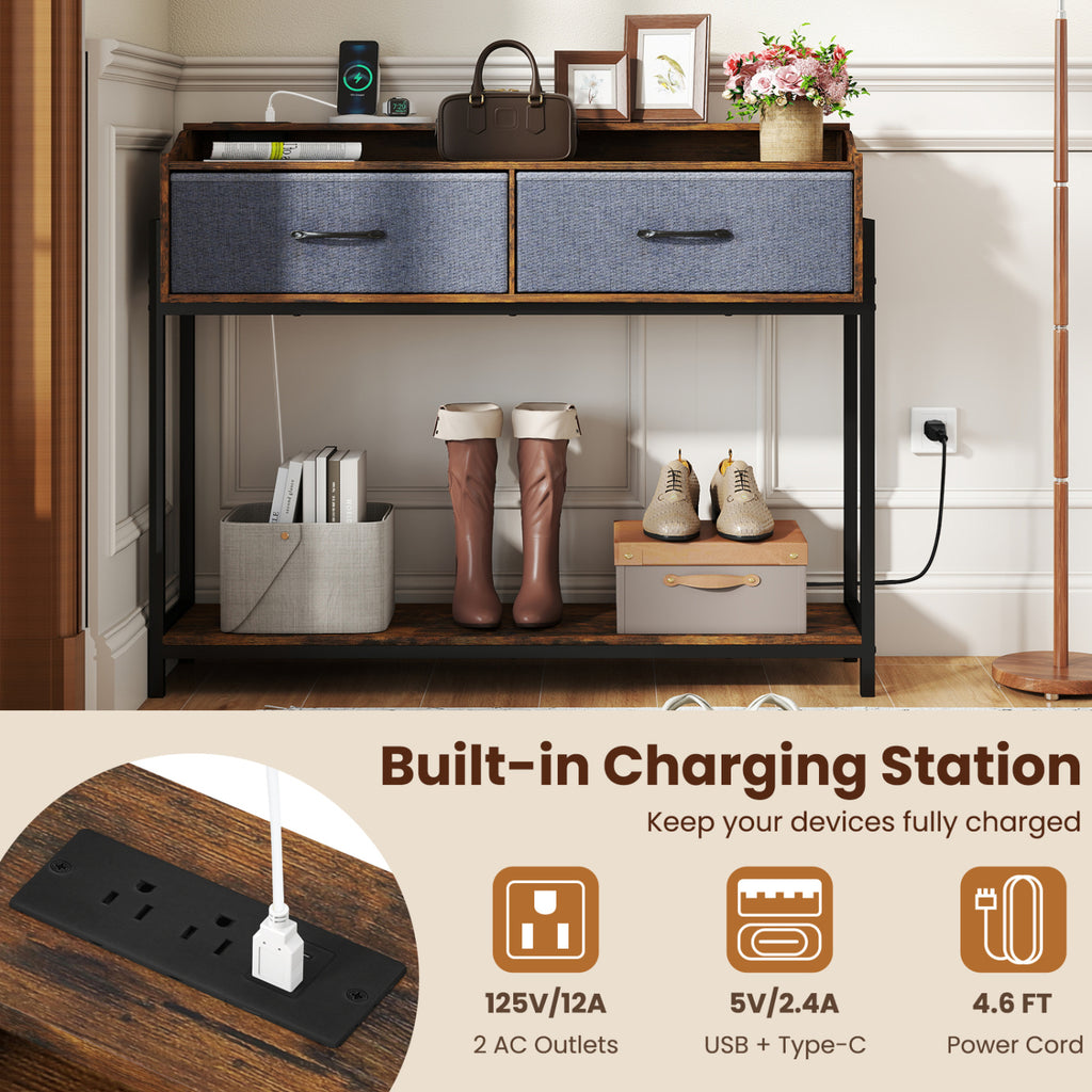 Console Table with Charging Station 110cm - Rustic Brown