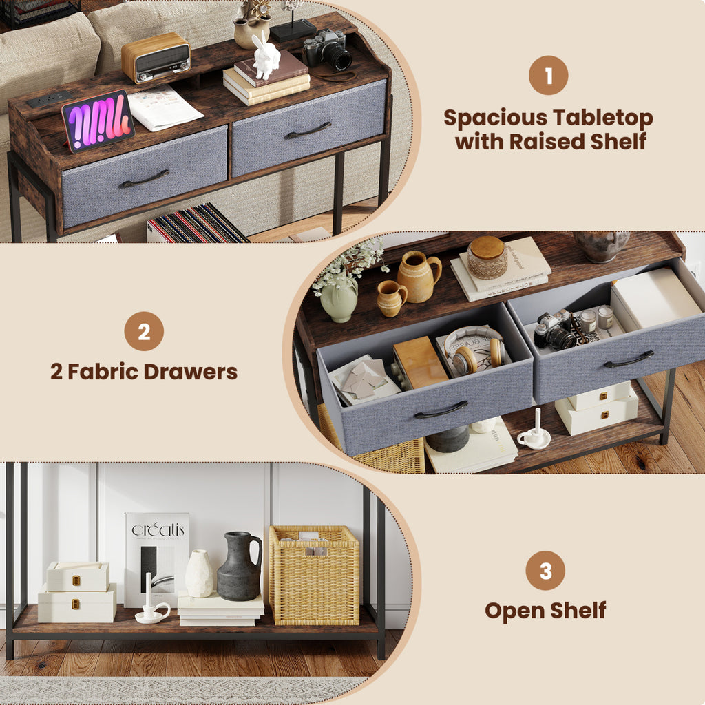 Console Table with Charging Station 110cm - Rustic Brown