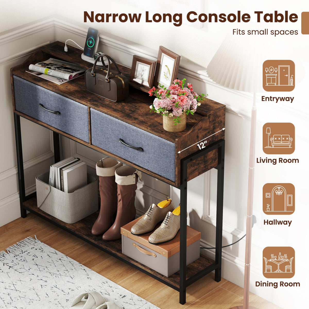 Console Table with Charging Station 110cm - Rustic Brown