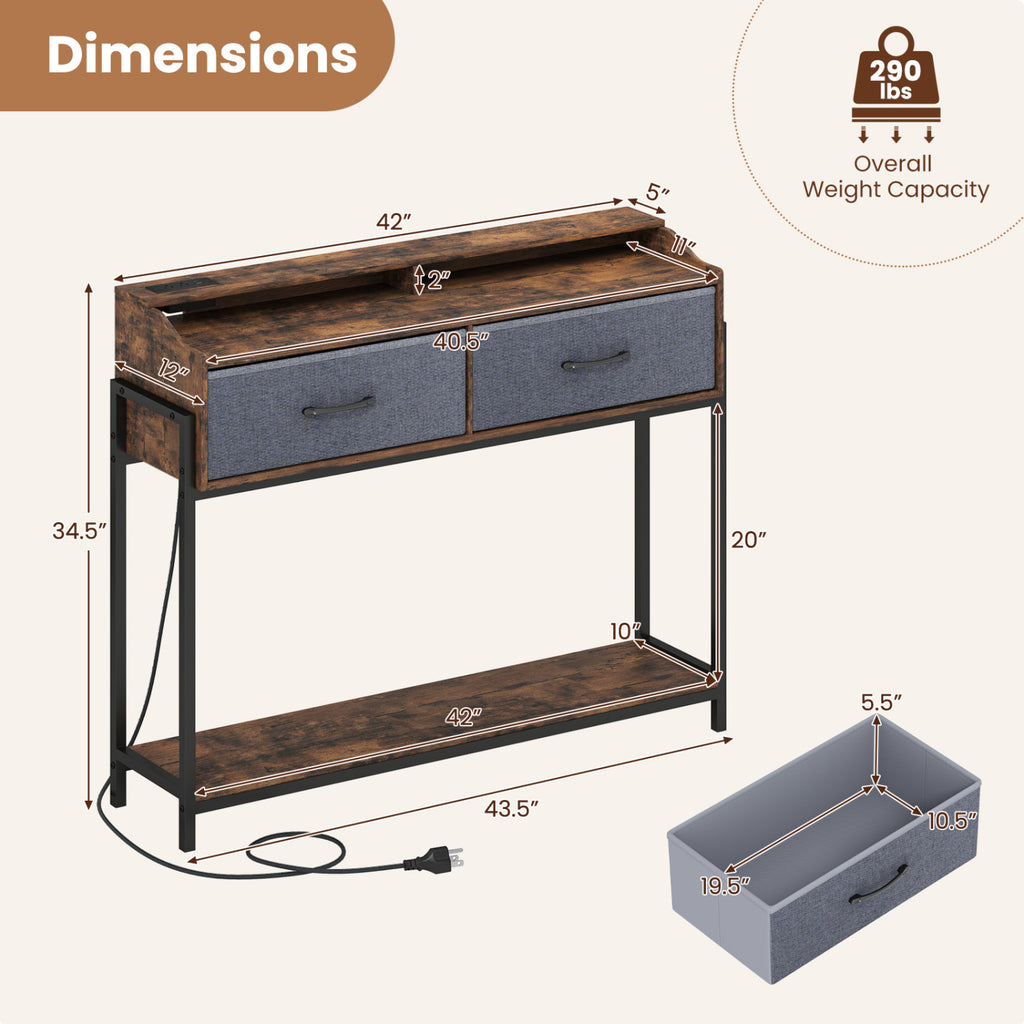 Console Table with Charging Station 110cm - Rustic Brown