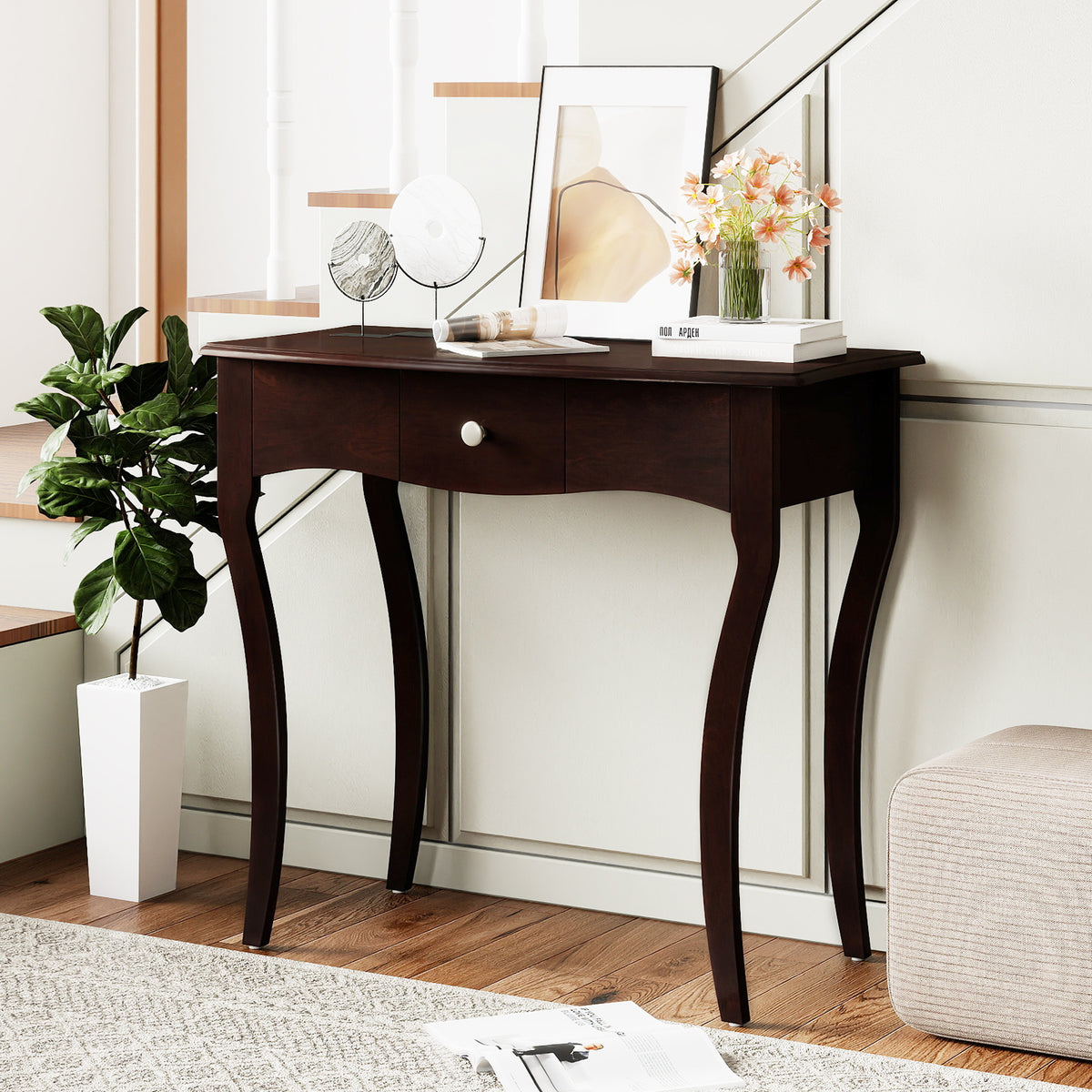 Console Table with Drawer, Espresso - Solid Wood