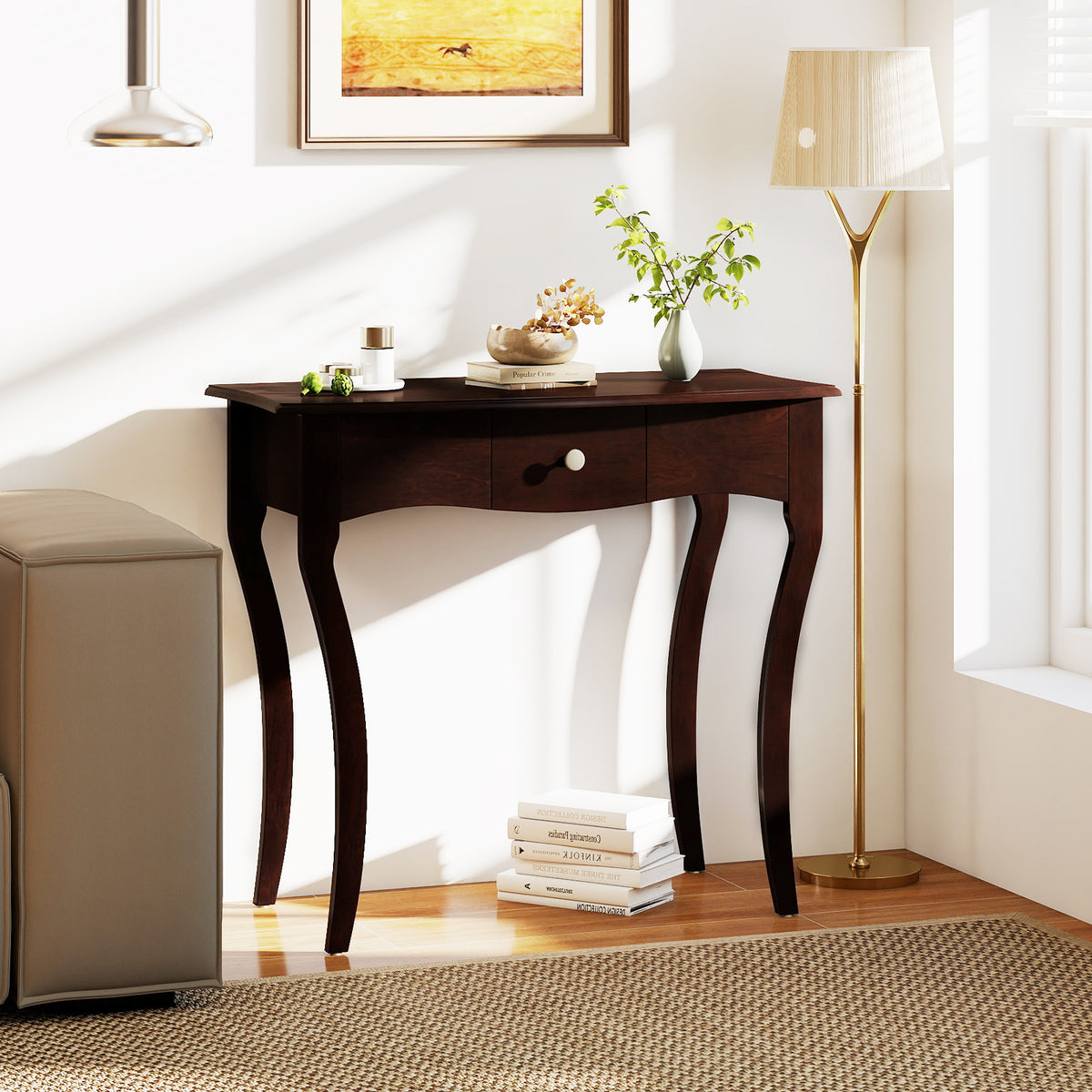 Console Table with Drawer, Espresso - Solid Wood