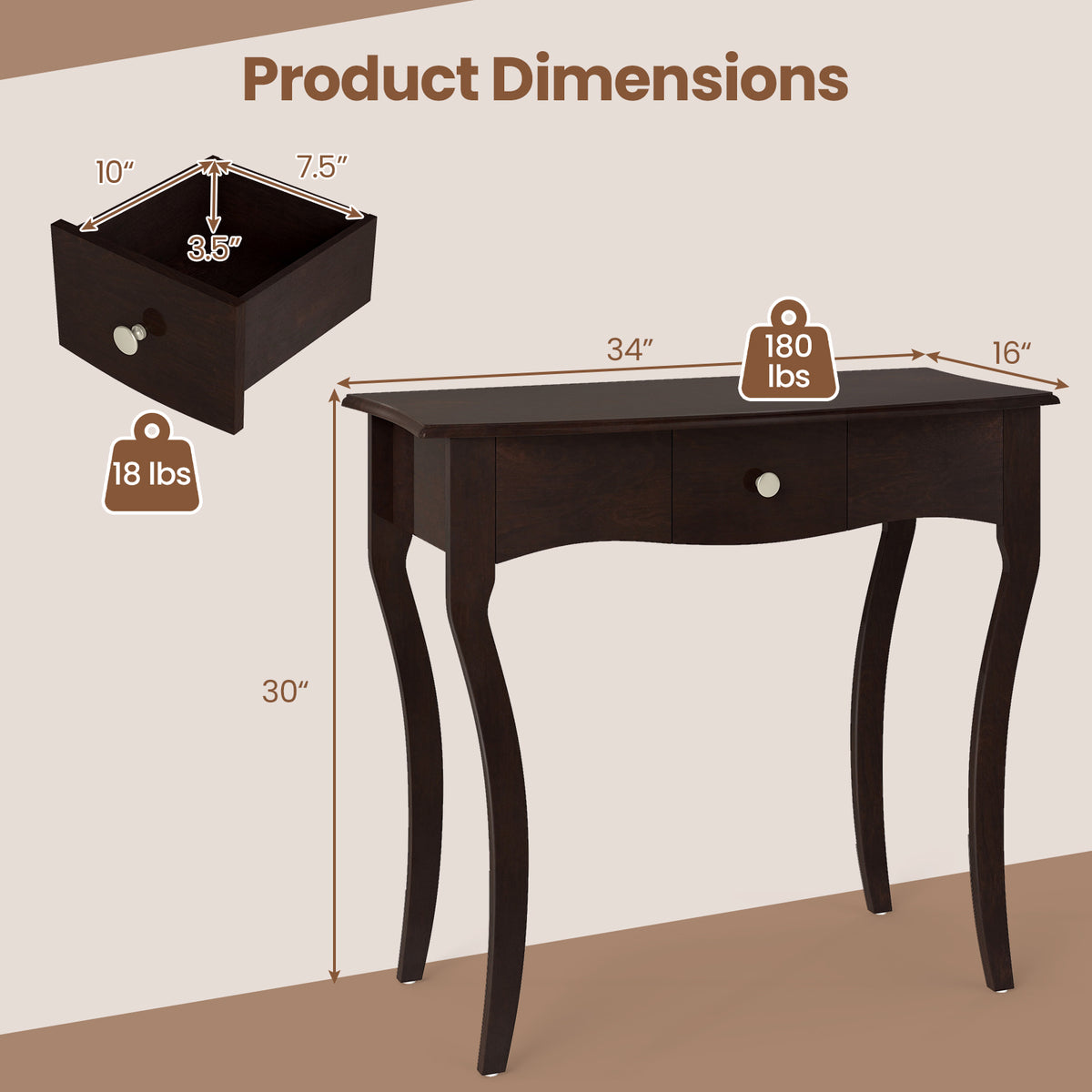 Console Table with Drawer, Espresso - Solid Wood