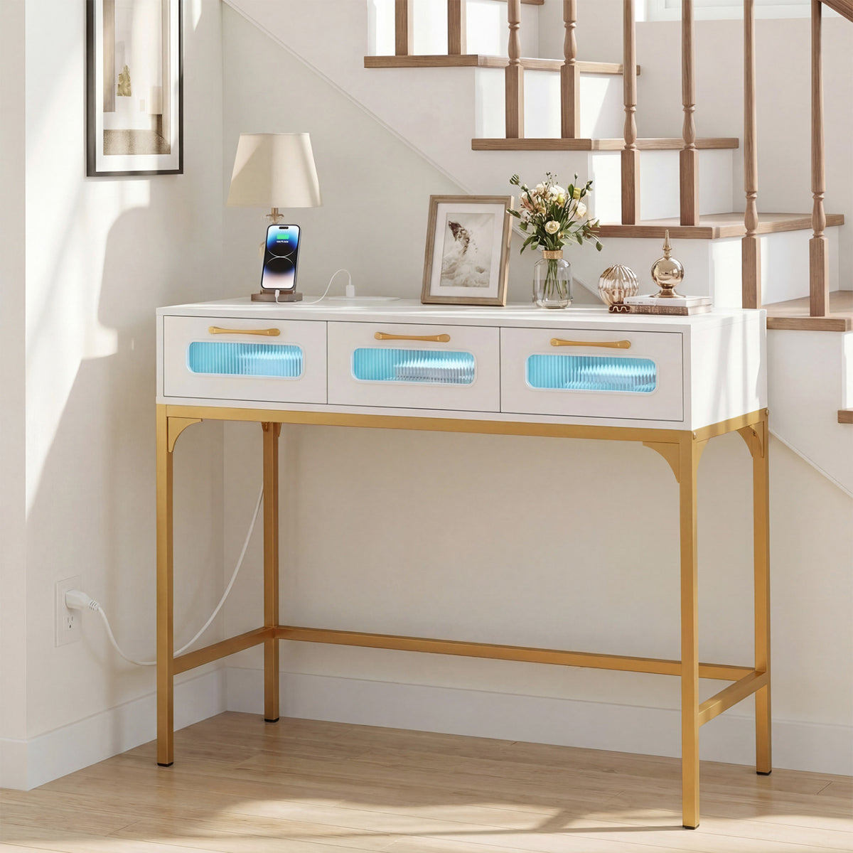 Console Table with LED Lighting and Charging Station, White