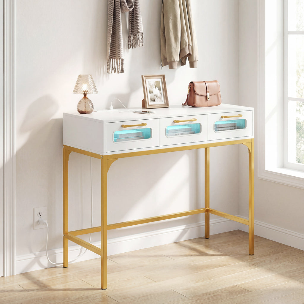Console Table with LED Lighting and Charging Station, White