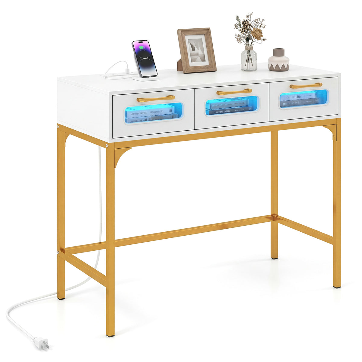 Console Table with LED Lighting and Charging Station, White