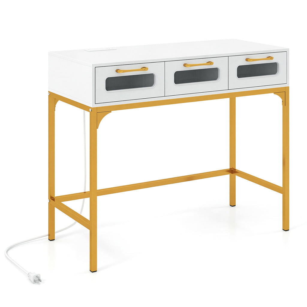 Console Table with LED Lighting and Charging Station, White