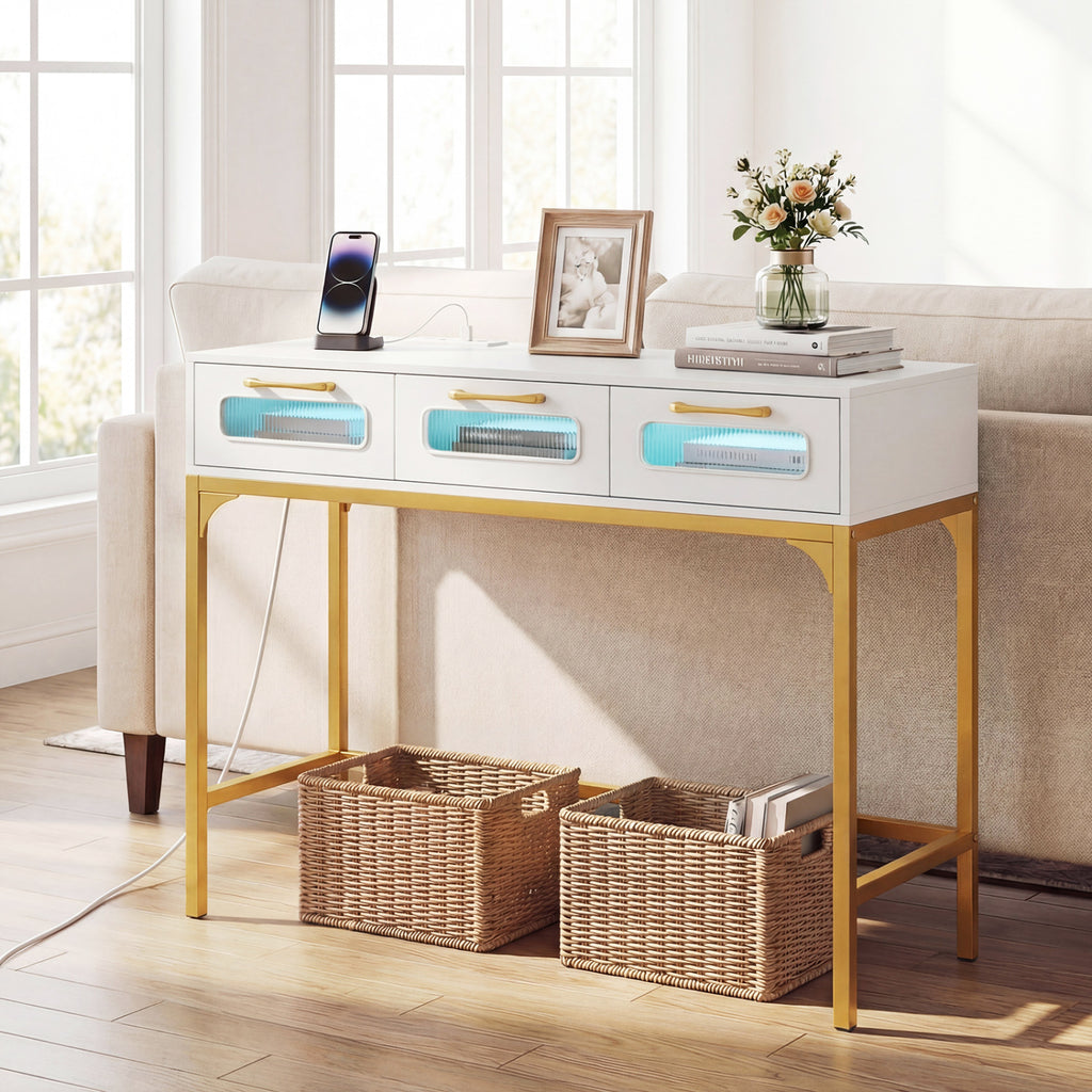 Console Table with LED Lighting and Charging Station, White