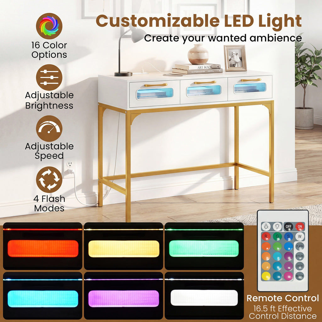 Console Table with LED Lighting and Charging Station, White