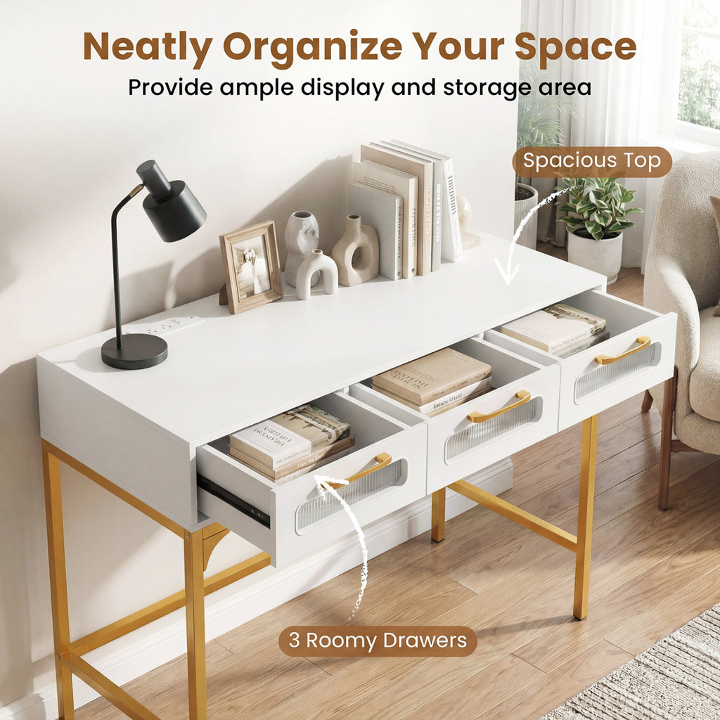Console Table with LED Lighting and Charging Station, White