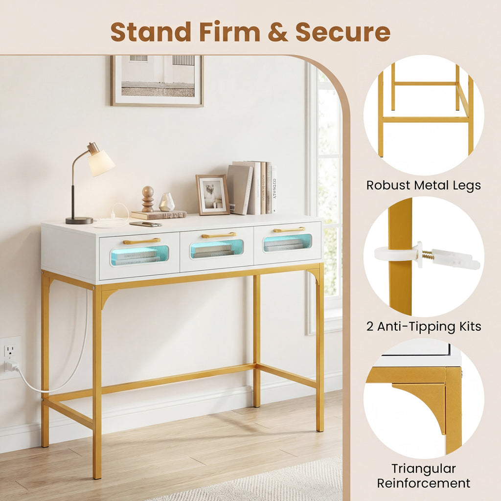 Console Table with LED Lighting and Charging Station, White