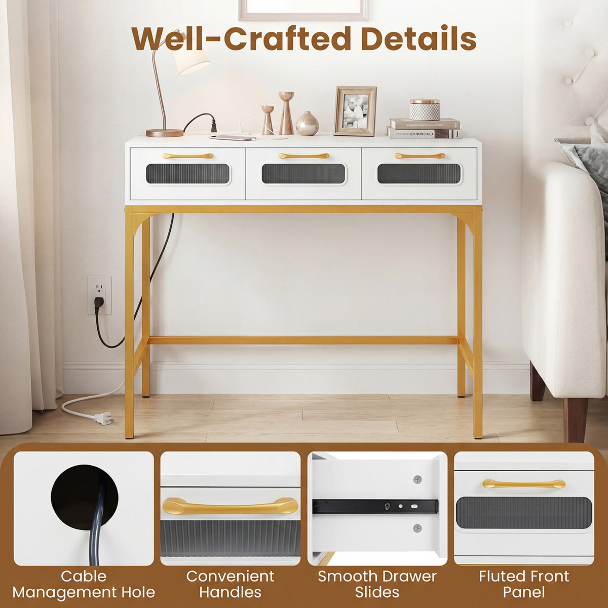 Console Table with LED Lighting and Charging Station, White