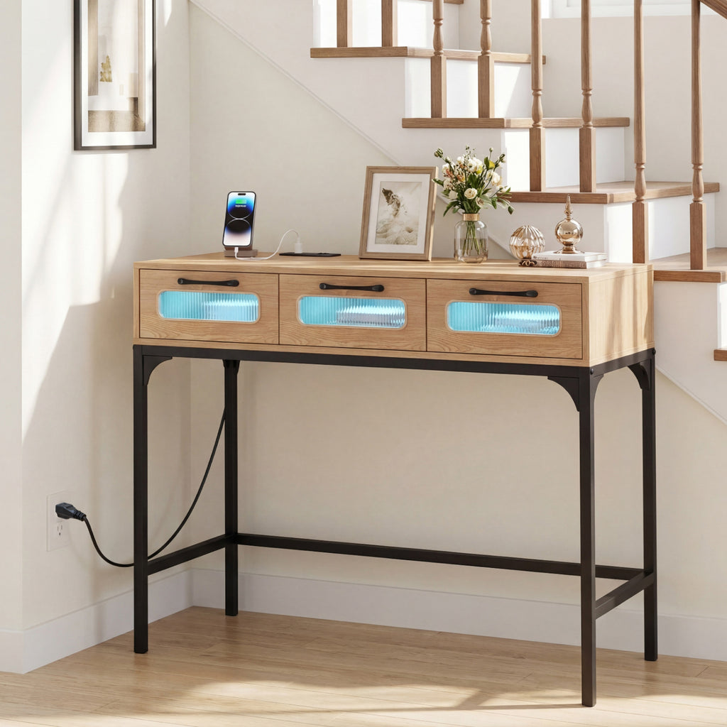 LED Console Table with Charging Station, Natural