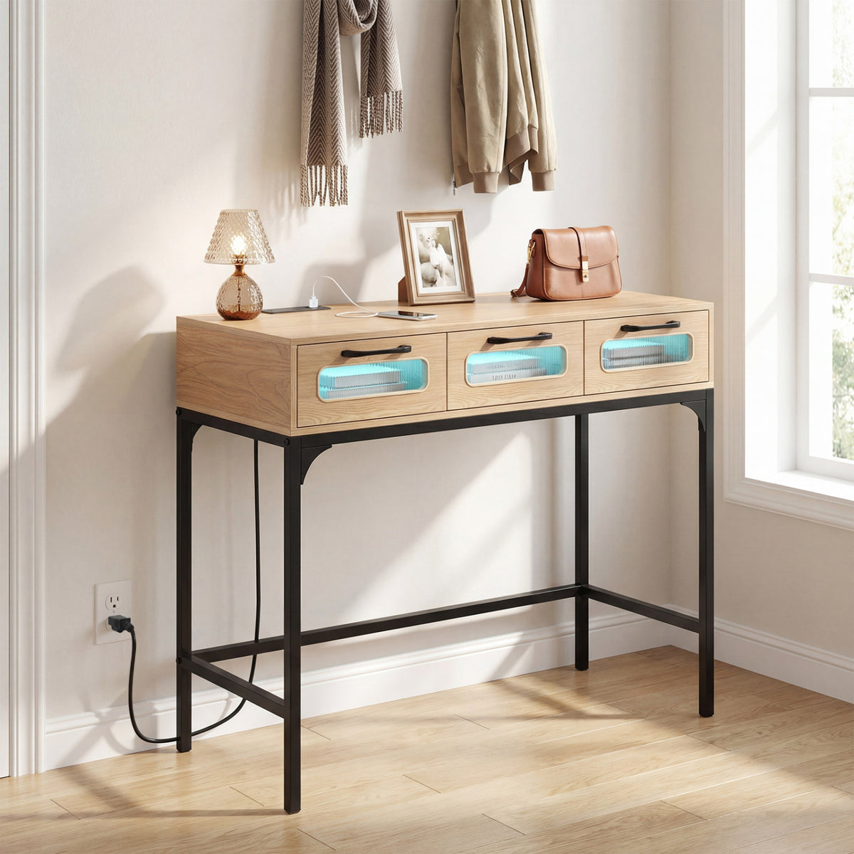 LED Console Table with Charging Station, Natural