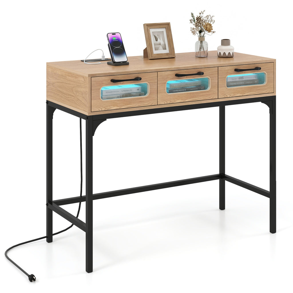 LED Console Table with Charging Station, Natural