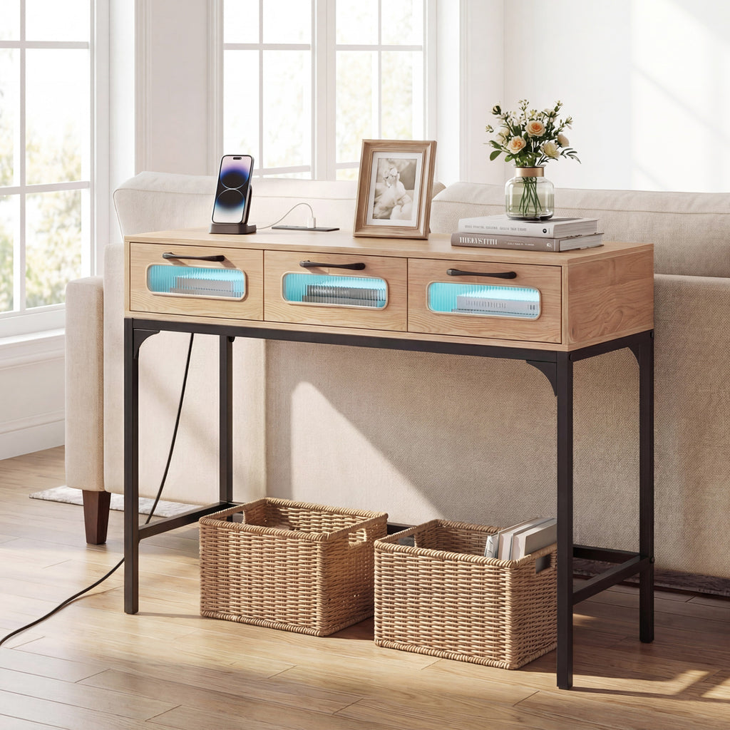 LED Console Table with Charging Station, Natural