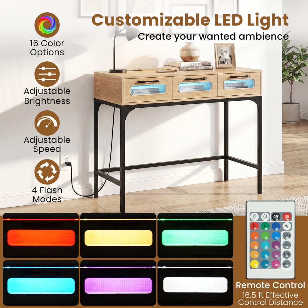LED Console Table with Charging Station, Natural