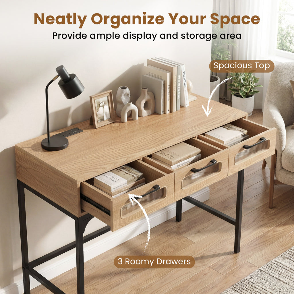 LED Console Table with Charging Station, Natural