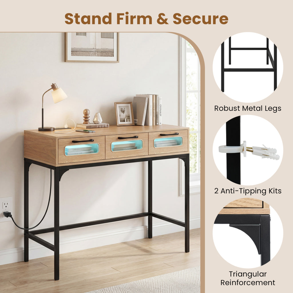 LED Console Table with Charging Station, Natural