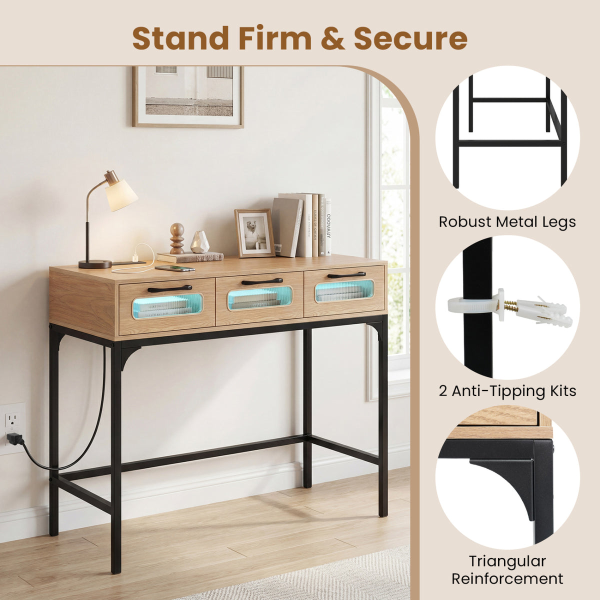 LED Console Table with Charging Station, Natural