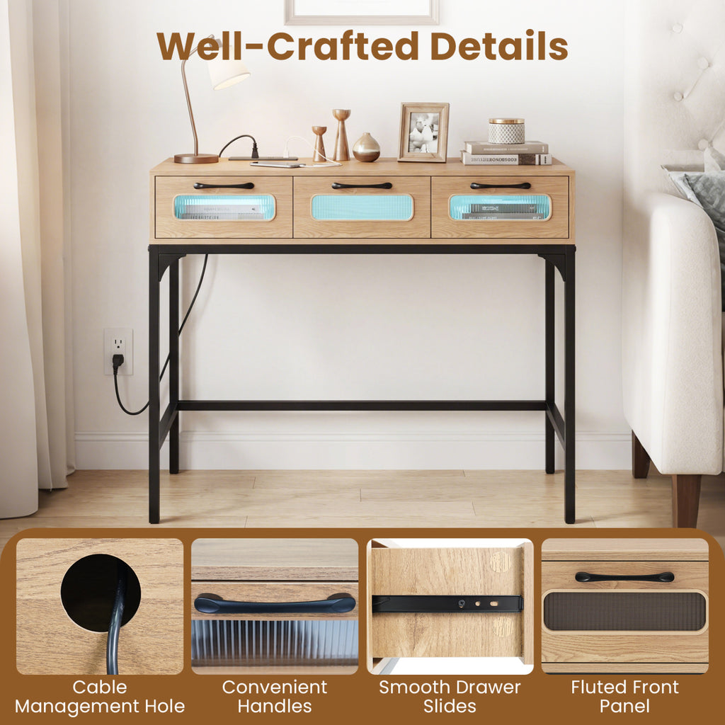 LED Console Table with Charging Station, Natural