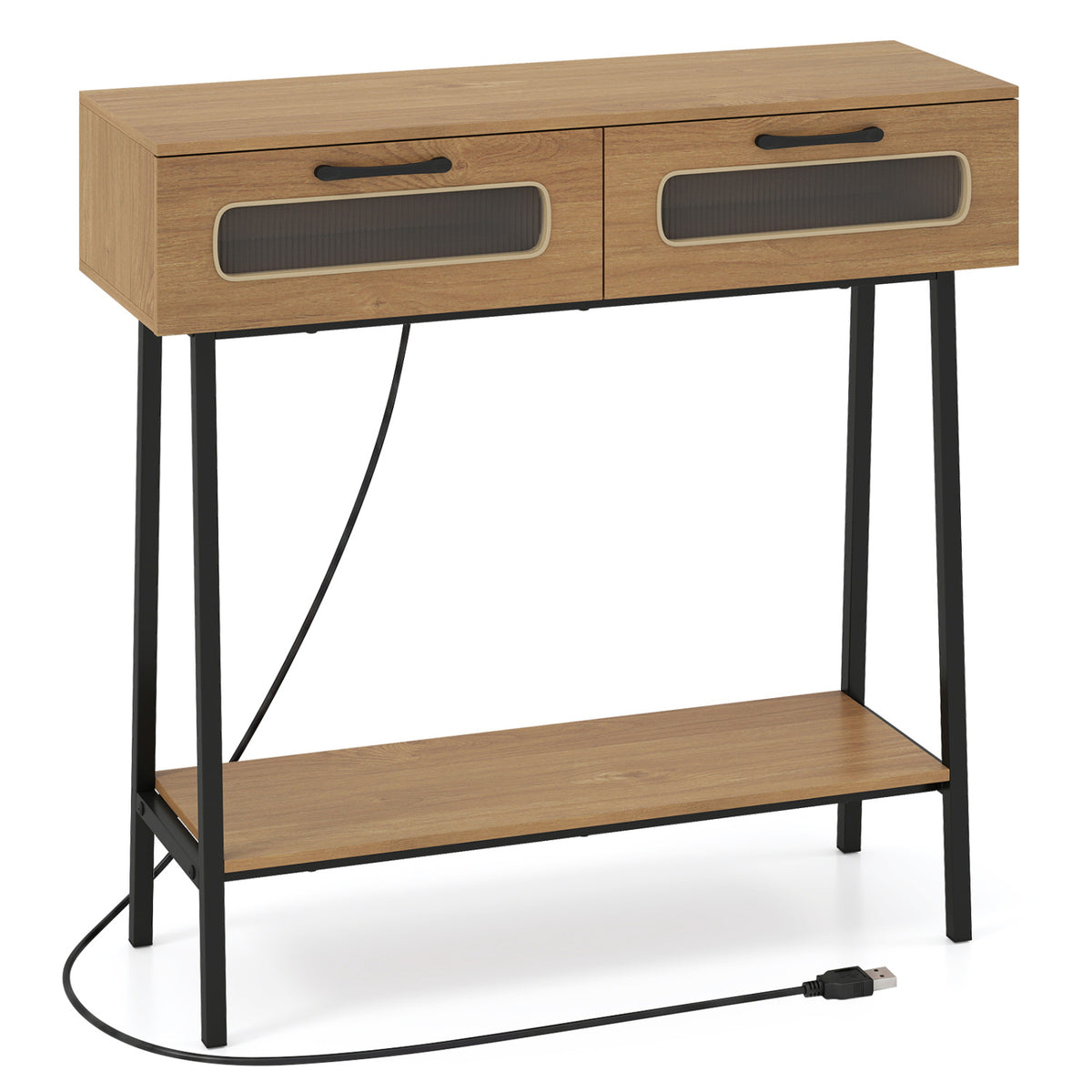 Rattan Console Table with 2 Drawers and Bottom Shelf, Natural