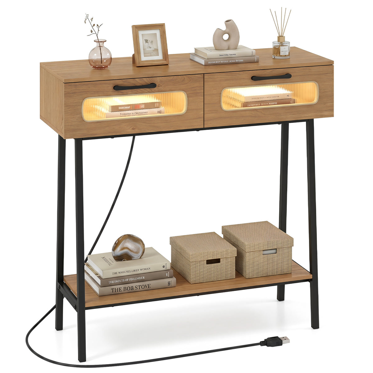 Console Table with LED Lights and Open Shelf, Natural