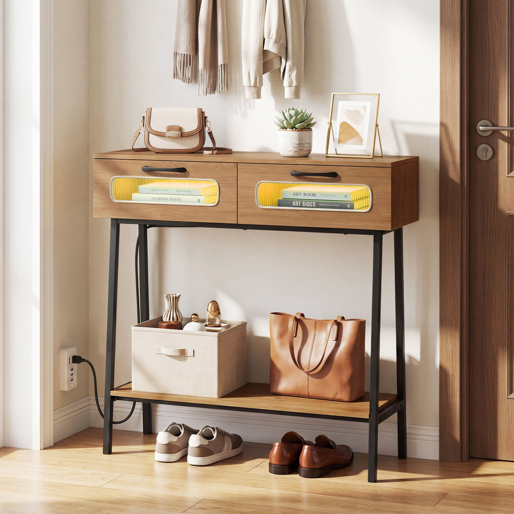 Console Table with LED Lights and Open Shelf, Natural