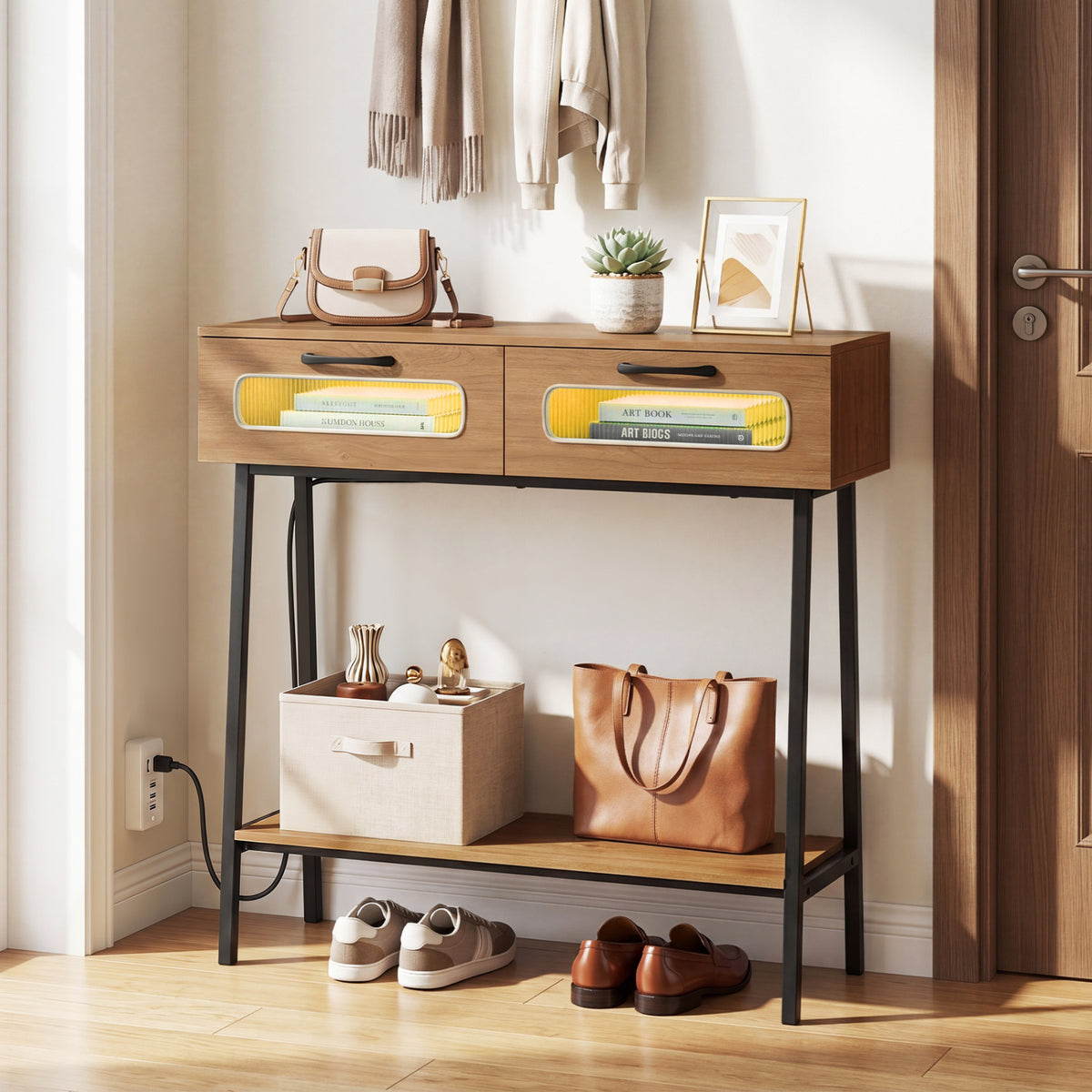 Console Table with LED Lights and Open Shelf, Natural