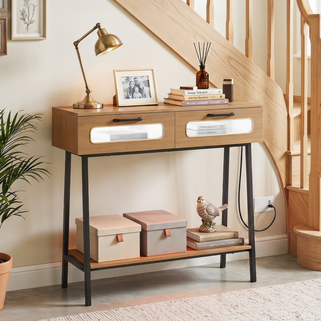 Console Table with LED Lights and Open Shelf, Natural