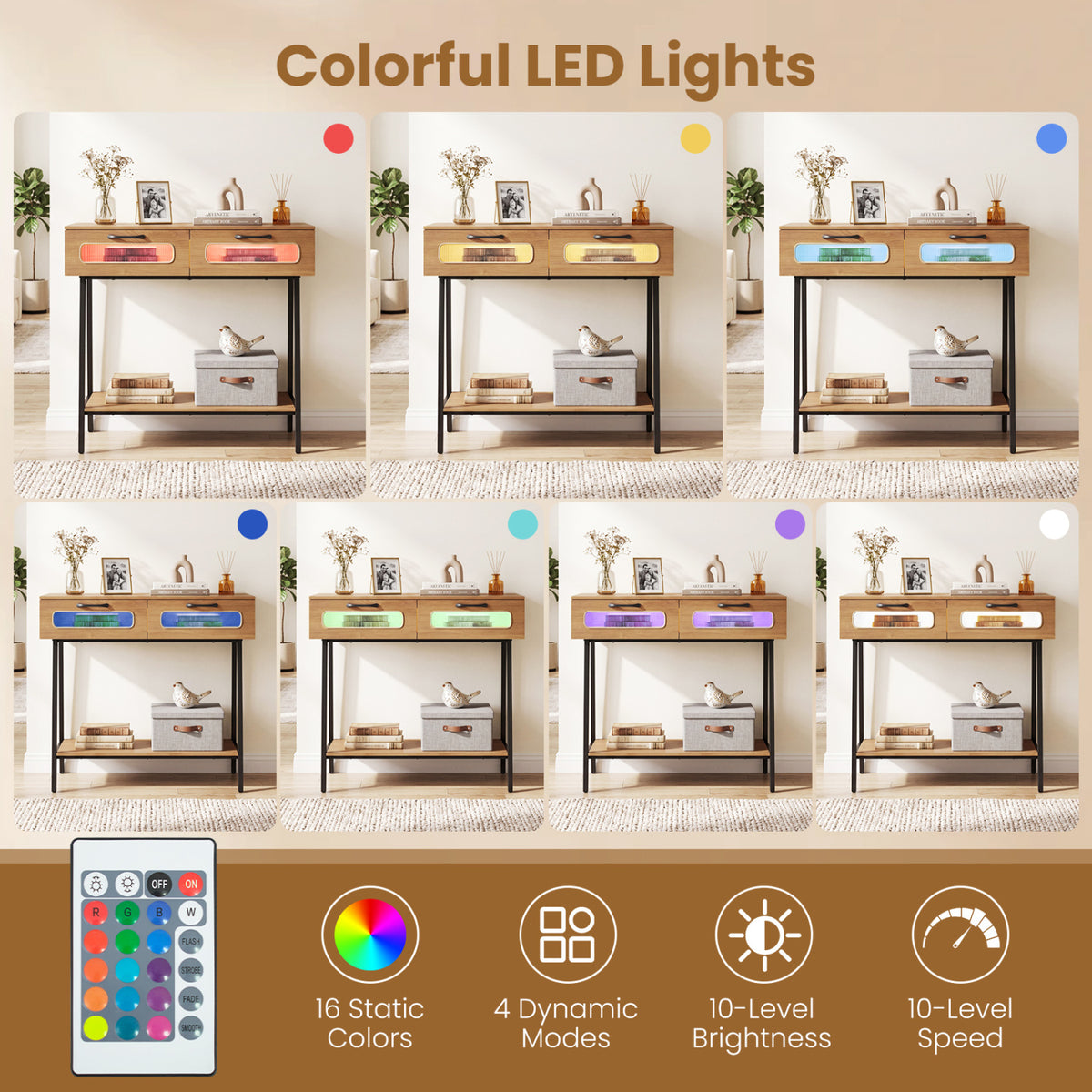Console Table with LED Lights and Open Shelf, Natural