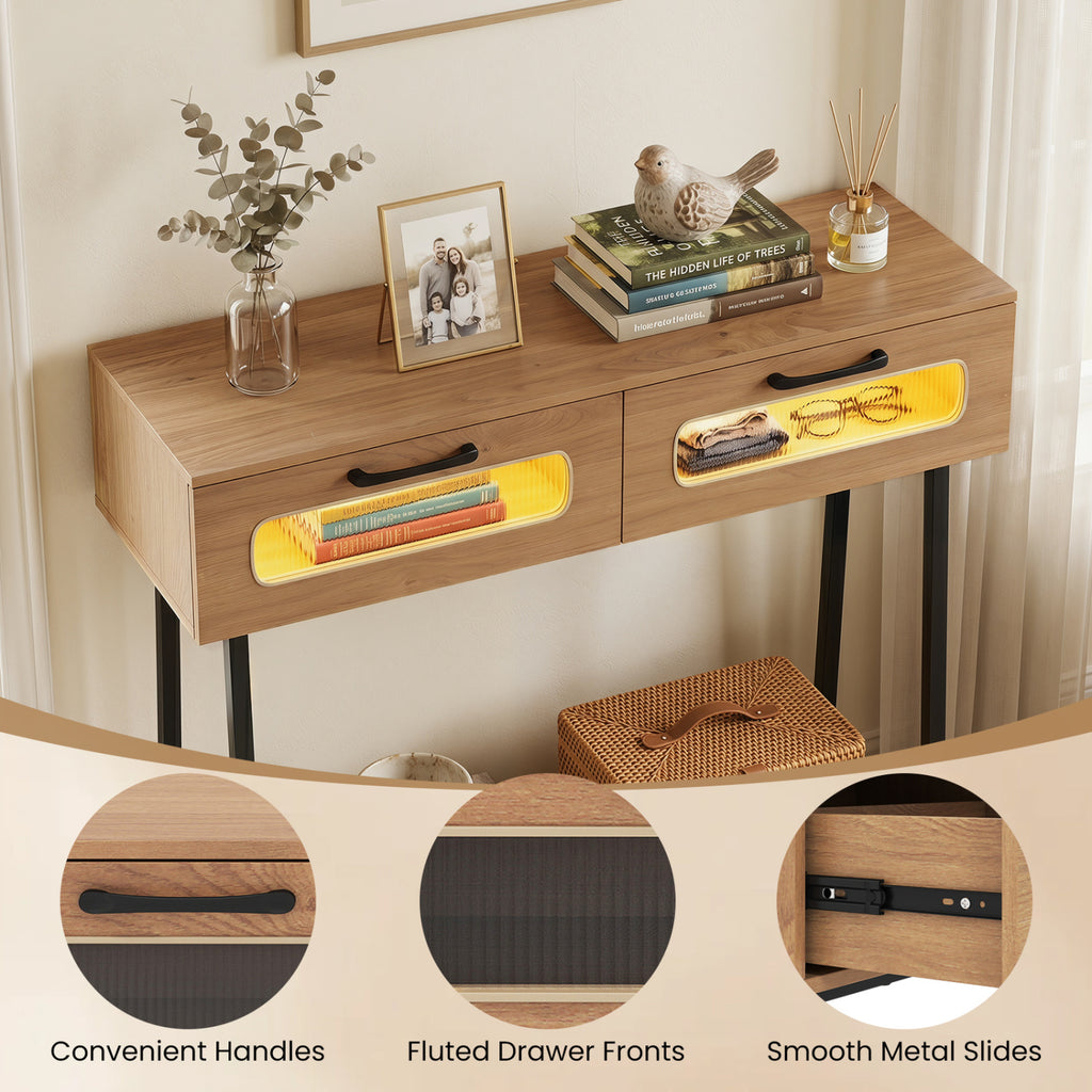 Console Table with LED Lights and Open Shelf, Natural