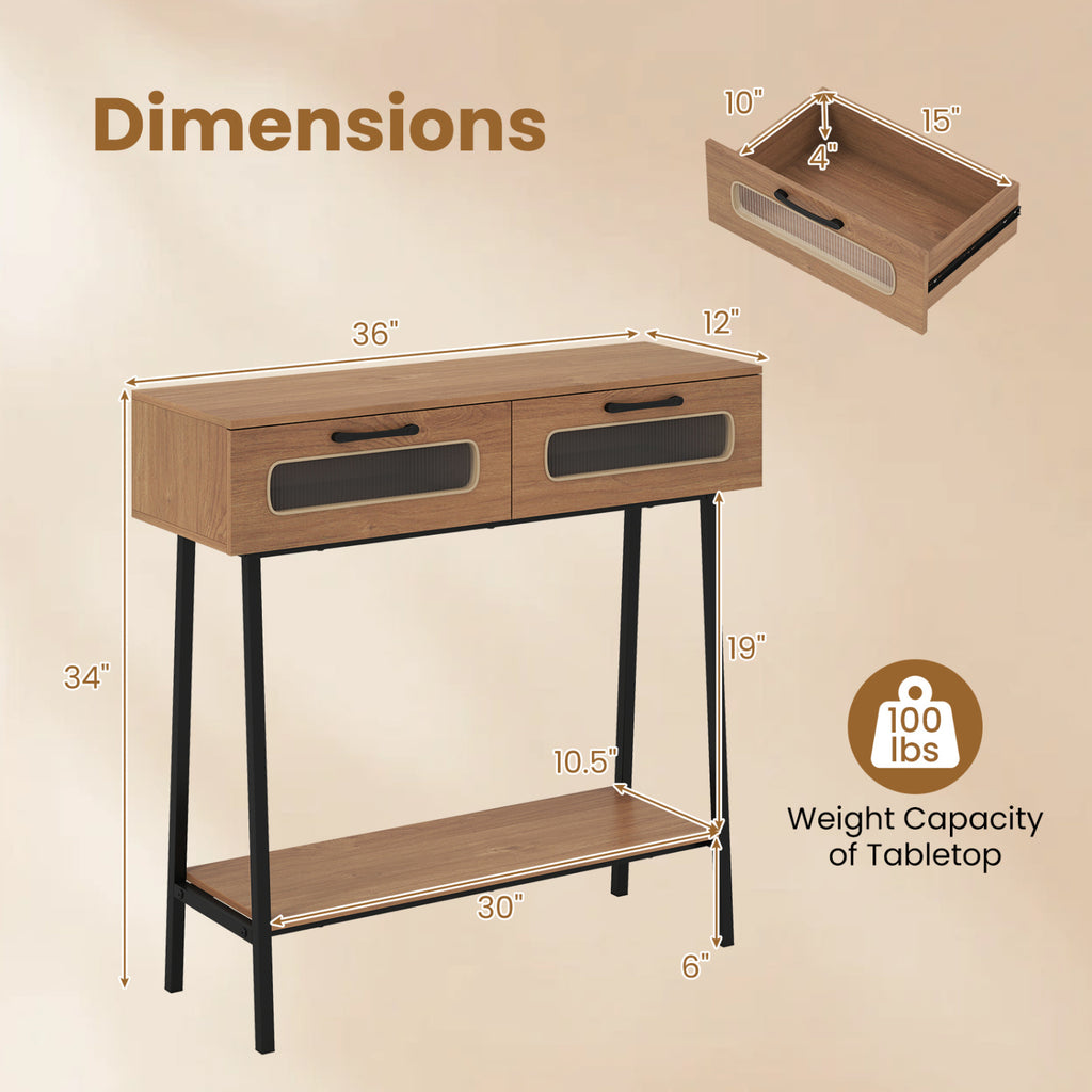 Console Table with LED Lights and Open Shelf, Natural