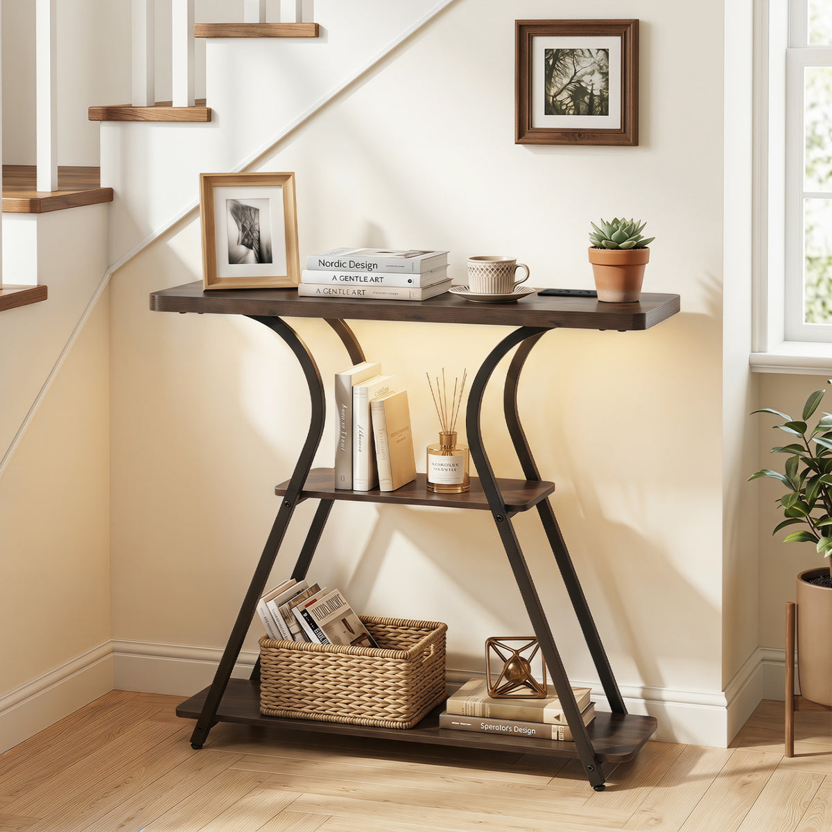 32-Inch Entryway Console Table with Power Outlets & LED Lights, Brown