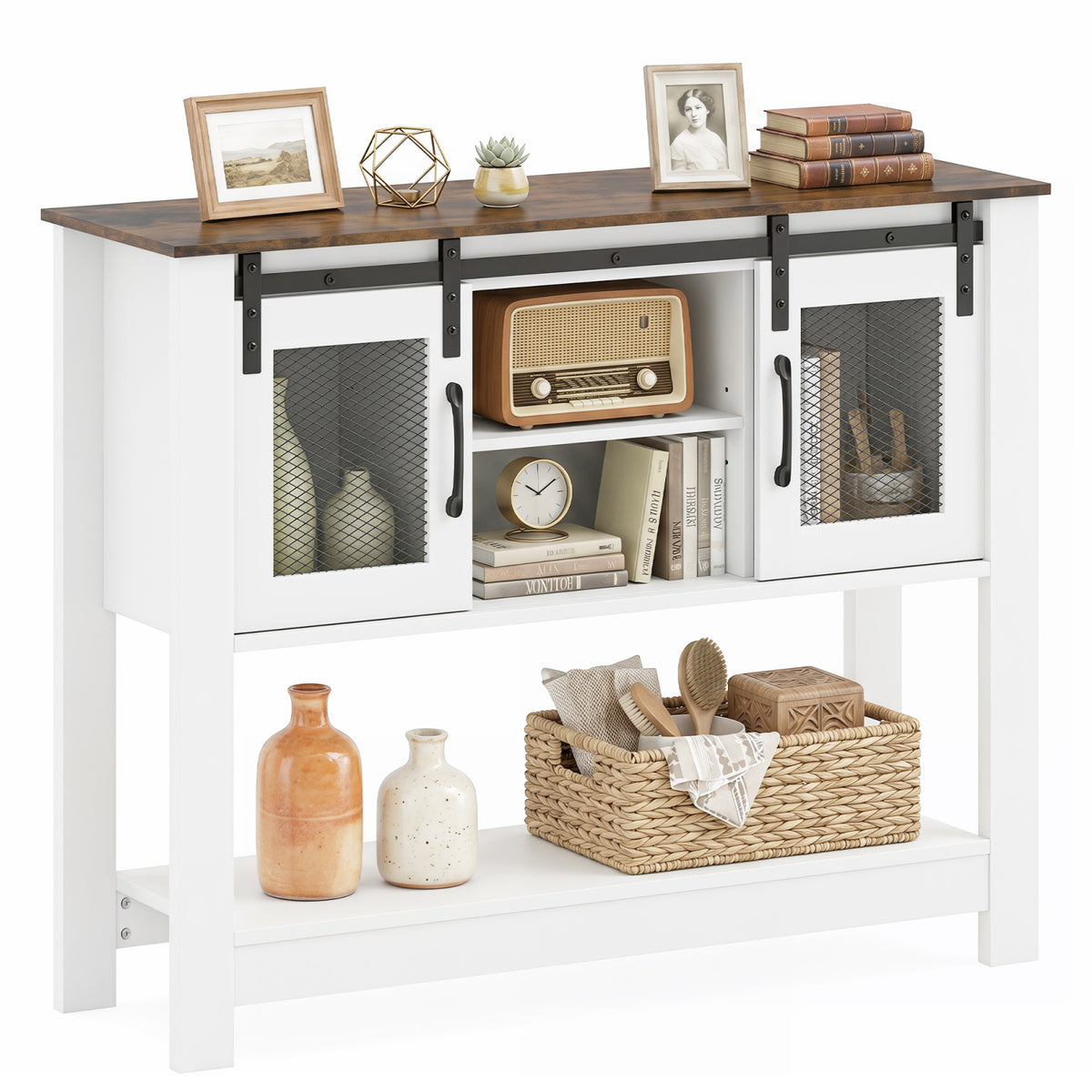 Rattan Console Table with 2 Drawers and Bottom Shelf, Natural