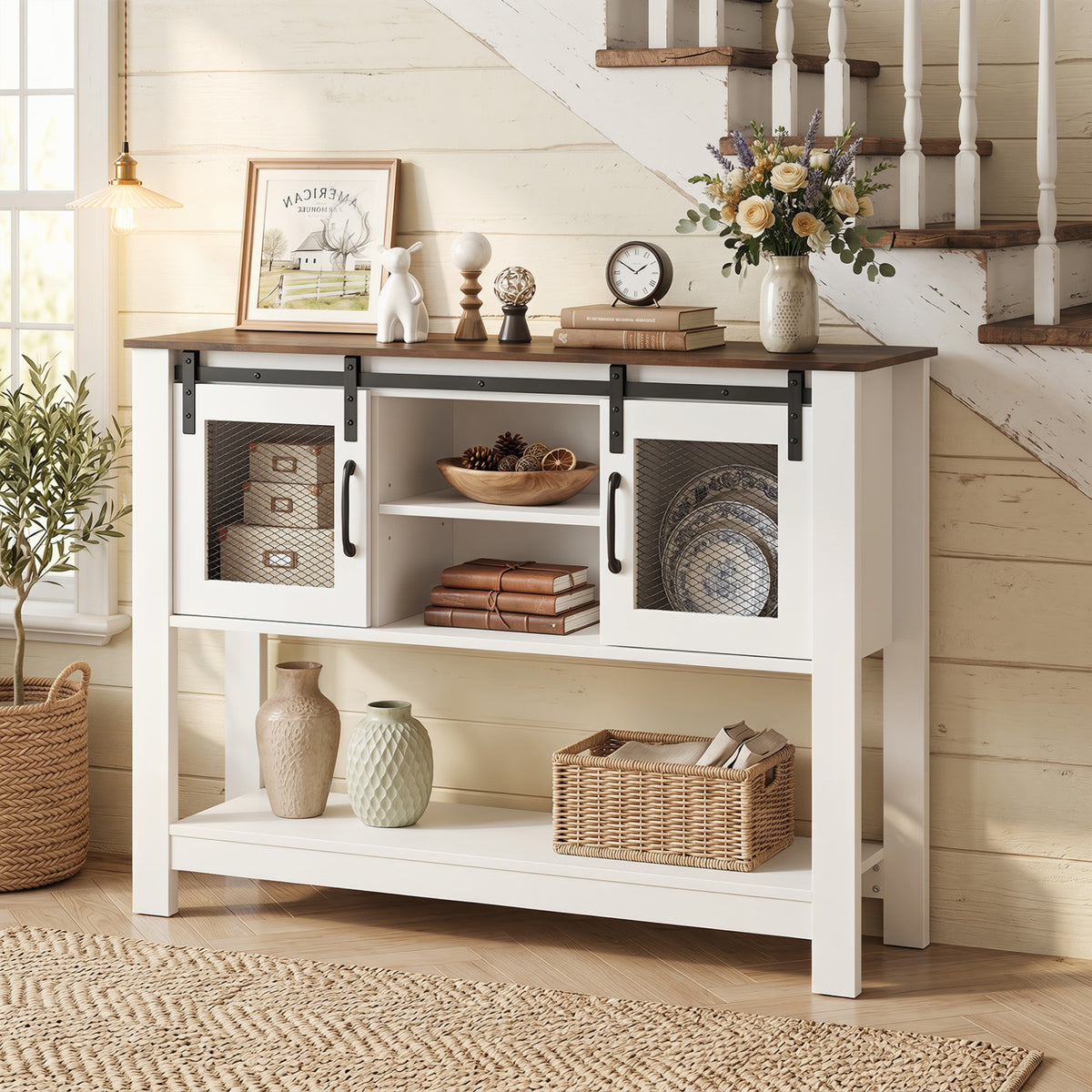 Console Table with Sliding Barn Doors, Rustic Brown