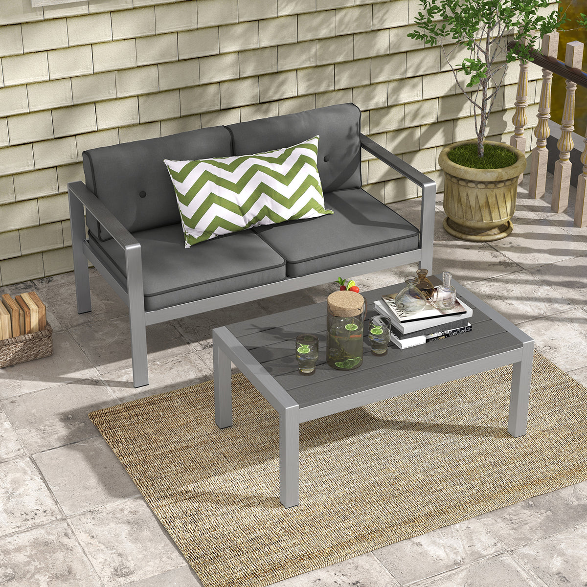 2-Person Contemporary Sofa Chair with WPC Armrests for Balcony