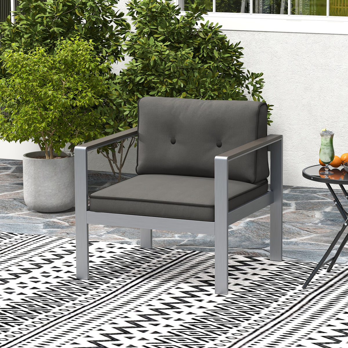 Contemporary Patio Sofa Chair with WPC Armrests and Back Cushions