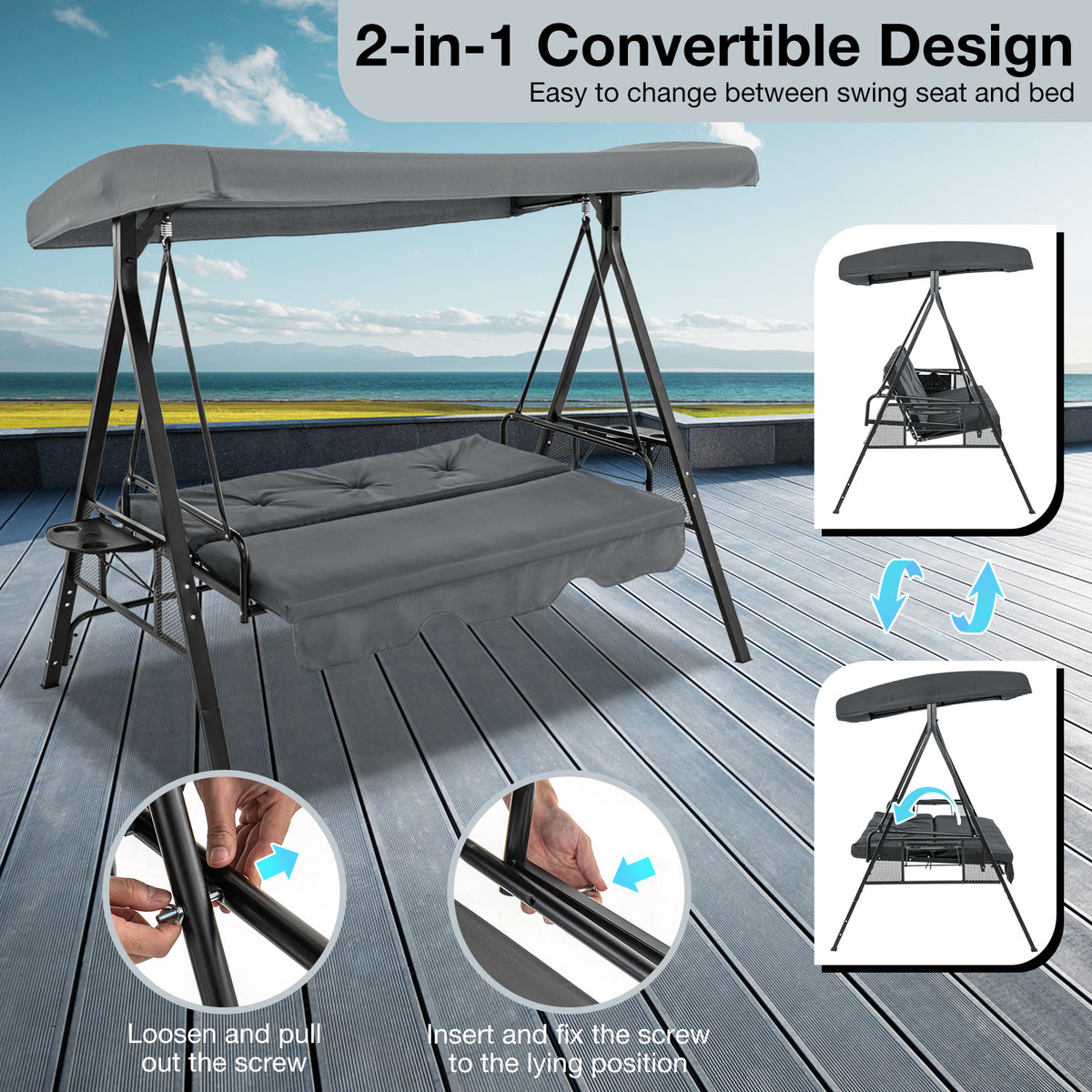Convertible 3-Seat Patio Porch Swing Chair to Flat Bed with
