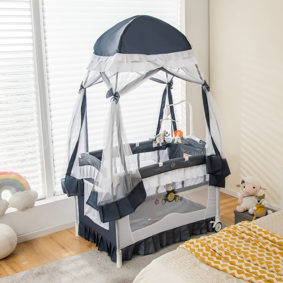 Gray Convertible Baby Bassinet with Removable Changing Table and Mesh Canopy