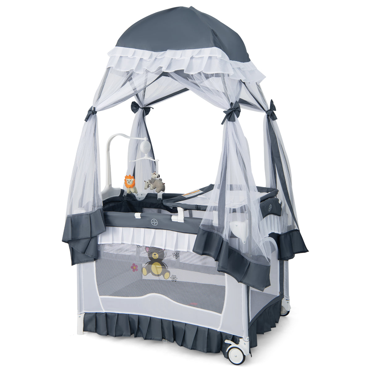 Gray Convertible Baby Bassinet with Removable Changing Table and Mesh Canopy