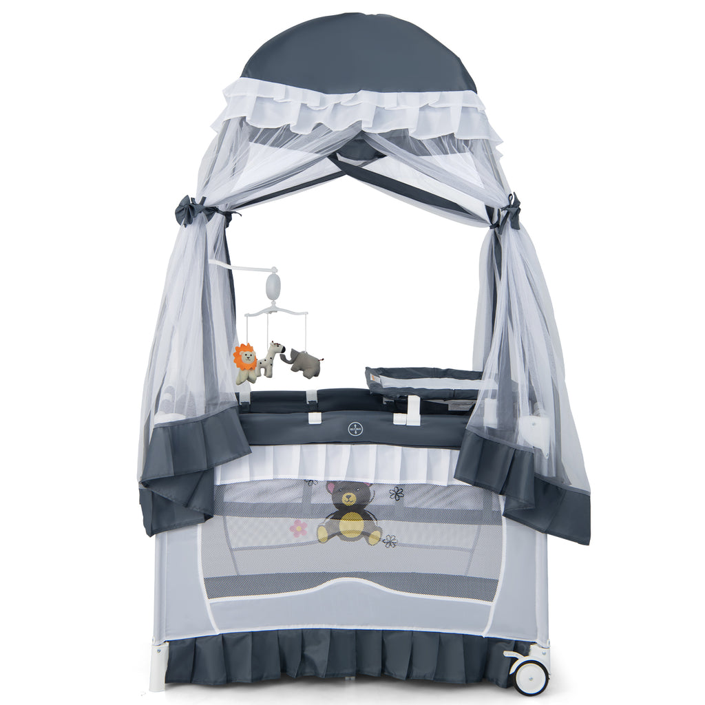 Gray Convertible Baby Bassinet with Removable Changing Table and Mesh Canopy