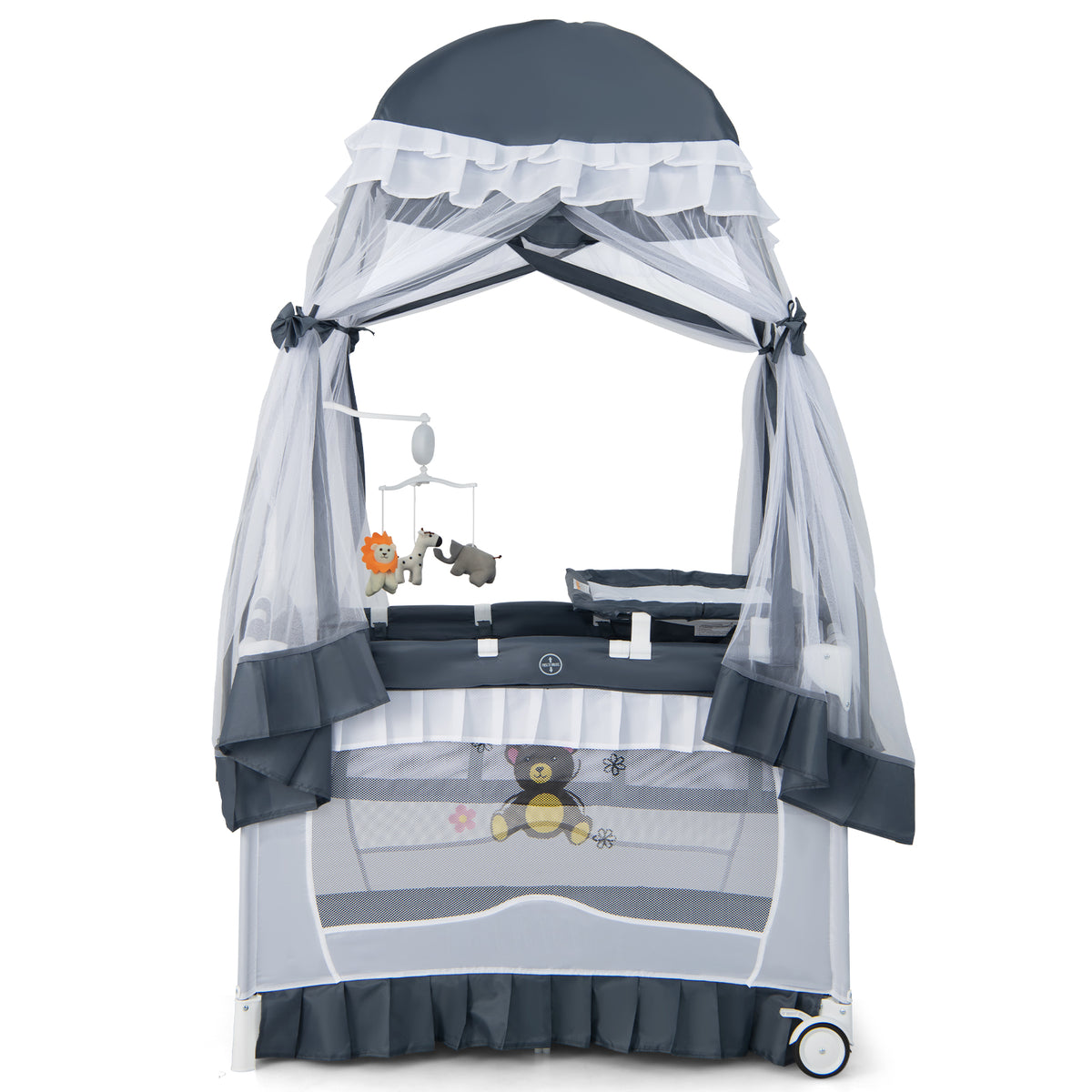 Gray Convertible Baby Bassinet with Removable Changing Table and Mesh Canopy