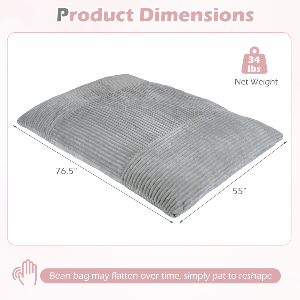 Convertible Bean Bag Floor Sofa, 76.5 inch, Gray