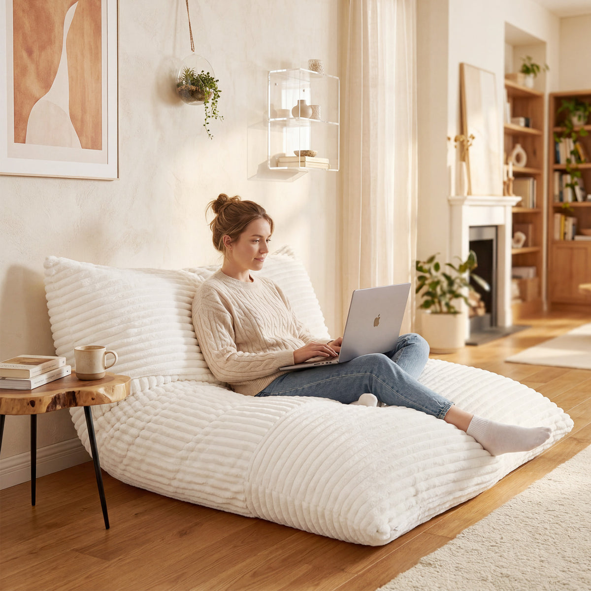 Convertible Bean Bag Floor Sofa, Machine-Washable Corduroy - 76.5 inch, Beige